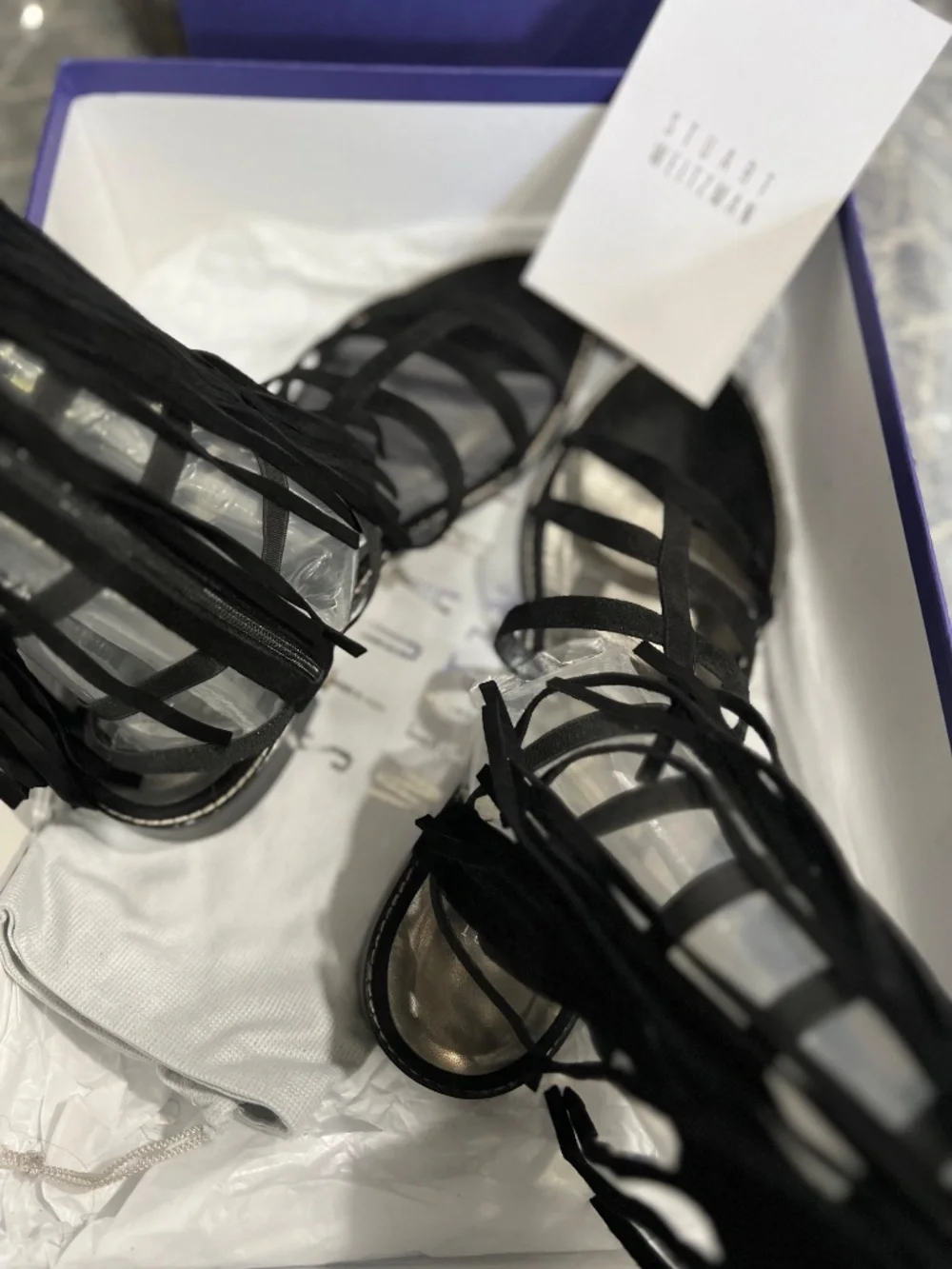 STUART WEITZMAN FRINGE BLASUE 11.5 MED BLACK SUEDE SANDAL